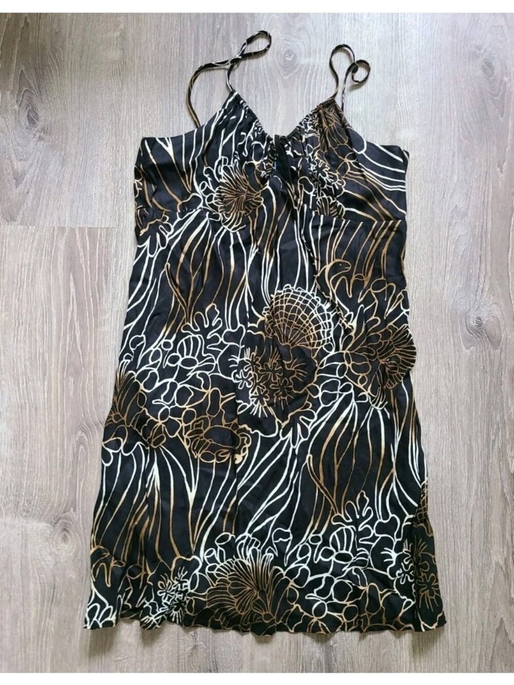 Y2K Kai Womens L Babydoll Dress Coral Seashell Beachy Mini Brown Blk Hawaii NWOT